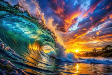 Majestic Ocean Wave Sunset Macro Photography - Impasto Texture