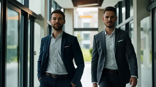 Two Confident Businessmen Walking in a Modern Office Corridor, Engaging in Conversation and Networking in a Bright, Professional Environment