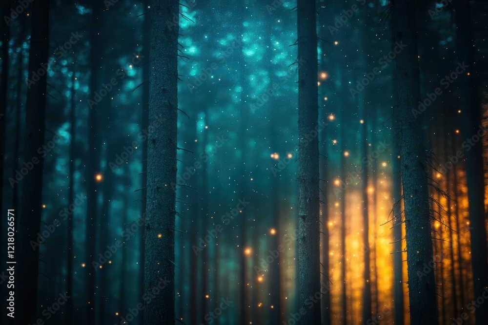 Aufkleber enchanting nighttime forest scene illuminated by glowing fireflies creating a magical and dreamlike 