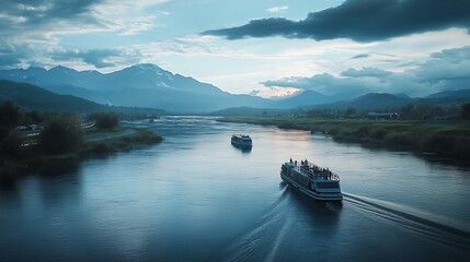 River Cruise with Mountain Views at Sunset