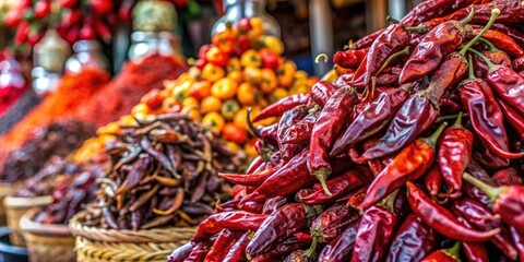 Fototapeta premium Mexican Ancho Chili Market - Vibrant Red Chiles, Dried Peppers, Mexican Food, Authentic Spices