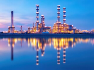 Obraz premium A nighttime view of an oil refinery with glowing lights reflecting in nearby water, cinematic composition