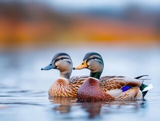 Obraz premium A pair of ducks swimming side by side in a peaceful pond, tranquil and natural, closeup