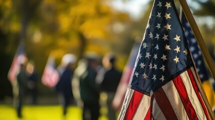 Dignified Veterans Day 2024 ceremony with veterans and American flags, emphasizing honor and tribute for Veterans Day content.
