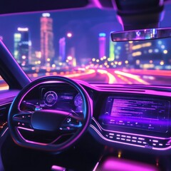 Night Drive in Neon City: Futuristic Car Interior with Vibrant Cityscape