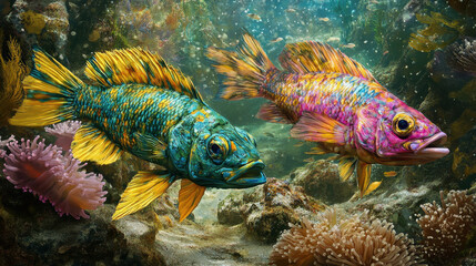 Fototapeta premium A hyperrealistic digital painting of two vividly colored exotic fish