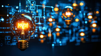 Illuminating Ideas: Glowing Lightbulb on Digital Circuit Board.  A captivating image representing innovation and technological advancement.