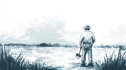 Obraz premium Farmer contemplates flooded field, rural landscape, agriculture