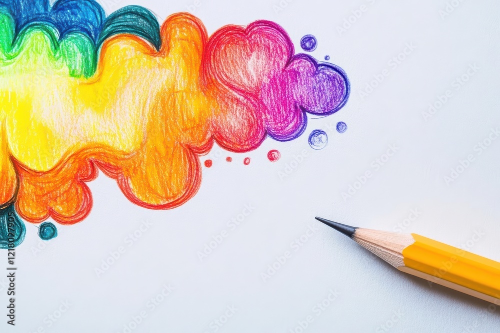Poster vibrant pencil drawing of a whimsical cloud displaying a spectrum of rainbow colors against a soft b