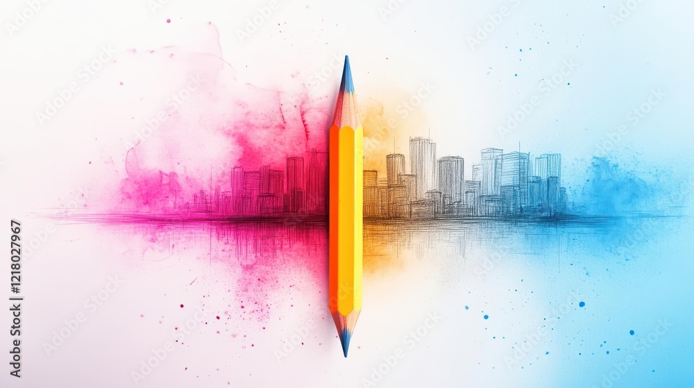 Poster Artistic Perspective of a Pencil in Foreground with Urban City Skyline in Background Capturing Creative Inspiration and Modern Architecture Vibe