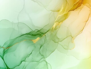Abstract watercolor painting with green, yellow and gold fluid ink texture