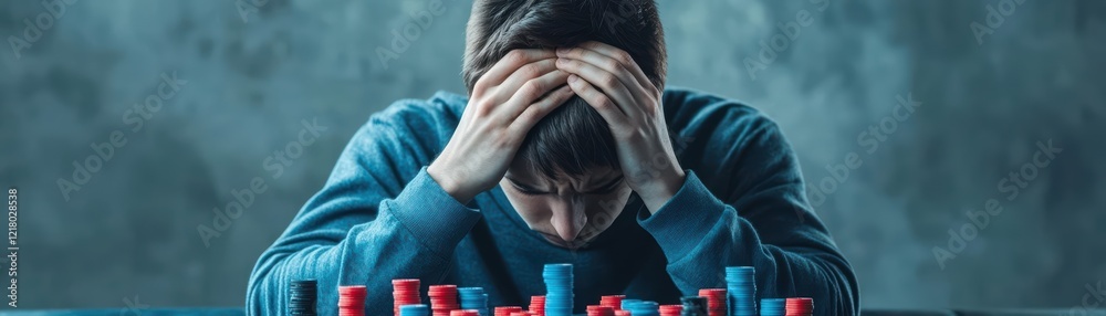 Poster A Focused Man Sitting at a Table Surrounded by Numerous Stacks of Books and Papers in a Cozy and Intellectually Stimulating Environment