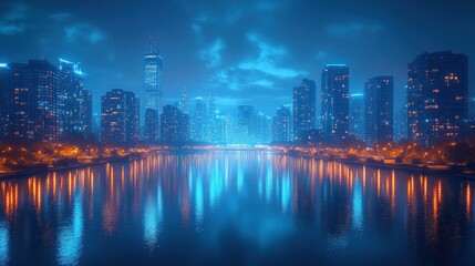 Fototapeta premium Night Cityscape Reflection: Lakefront Metropolis at Twilight