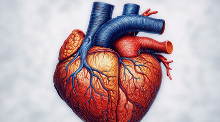 Naklejka premium A model of a human heart with red arteries and blue veins