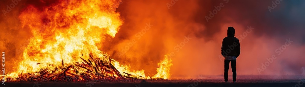 Poster individual standing resolutely in front of a fiery blaze illuminating the night sky creating an inte