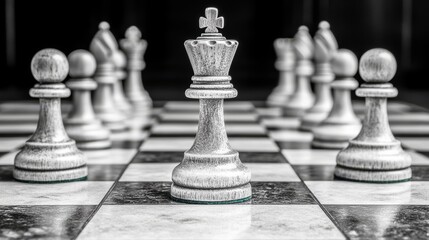 Fototapeta premium Strategic chess match indoor arena game pieces black and white close-up competition