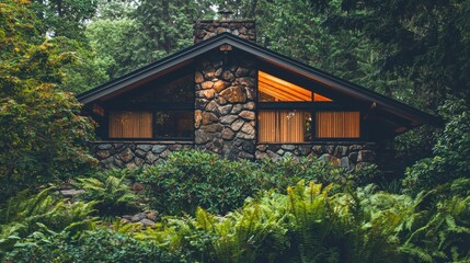 Stone house nestled in lush green forest.