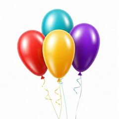 A bunch of colorful balloons are tied together. The balloons are red, yellow, and purple. The balloons are tied together in a way that they look like they are floating in the air