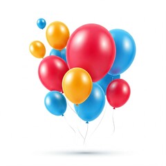 A bunch of colorful balloons are tied together. The balloons are red, yellow, and purple. The balloons are tied together in a way that they look like they are floating in the air