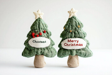 Handmade Fabric Christmas Trees with Festive Text on Clean White Background for Holiday Season