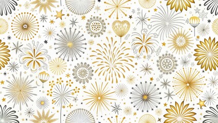 New Year Fireworks Seamless Pattern - Golden and Silver Festive Design for Wrapping Paper, Greeting Cards, and Web Banners