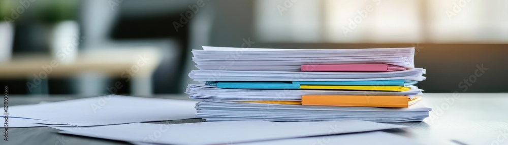 Aufkleber A Neatly Arranged Stack of Documents on a Wooden Table Surrounded by Soft Natural Light Creating an Organized and Productive Workspace Atmosphere