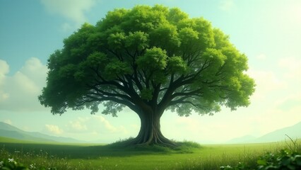 The tree of life with a symmetrical, round canopy and a sturdy trunk, exuding peace and balance, offering abundant shade in a harmonious, natural environment.