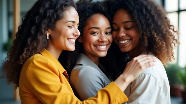 Joyful Diverse Women Embracing Each Other, Celebrating Friendship and Connection in Natural Light