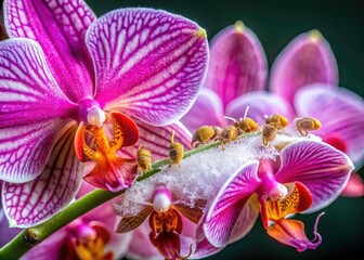 Fototapeta premium Orchid Pests: Long-tailed Mealybug Infestation - Pseudococcus longispinus Damage on Orchid Flower