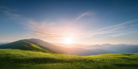 Fototapeta premium Breathtaking landscape with rolling hills, vibrant green grass, and stunning sunrise