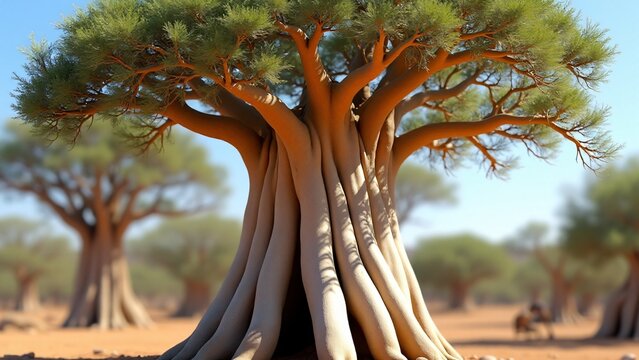 A bottle tree with a swollen trunk and sparse branches, offering a unique, striking form against a dry, sunlit landscape with small oval-shaped leaves.