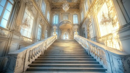 Grand marble staircase in opulent palace interior.