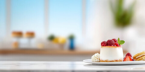 Luminous panna cotta dessert topped with fresh raspberries and cream