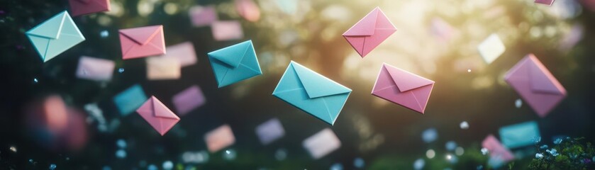 A romantic fantasy scene of love letters flying through the air in a magical garden