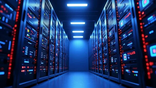 Futuristic Data Center with High-Tech Servers Illuminated by Blue Light, Representing Advanced Technology and Digital Infrastructure for IT Solutions