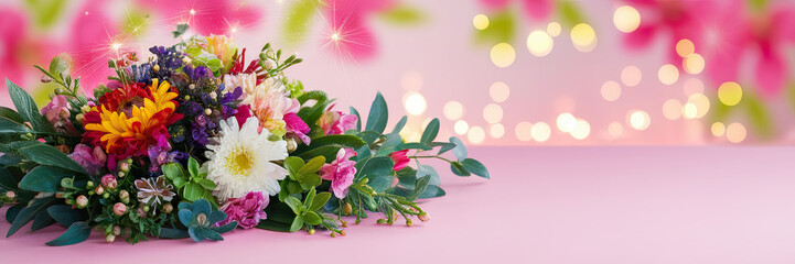 Obraz premium Colorful Spring Flower Bouquet Pink Background Bokeh Lights