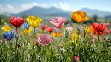 Fototapeta premium Vibrant Wildflower Meadow with Colorful Poppies and Mountain View