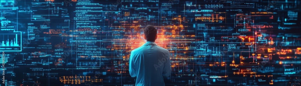 Aufkleber a thoughtful man standing confidently before a vibrant digital backdrop showcasing advanced technolo