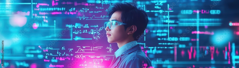 Poster focused man with glasses engaged in digital interaction on a bright screen in a modern environment h