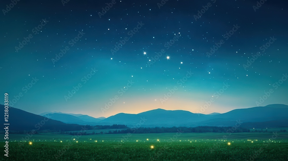 Aufkleber expansive green field under a clear night sky with a bright shining star creating a tranquil and enc