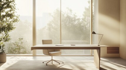 Serene Minimalist Office Space with Sunlight Streaming Through Large Windows
