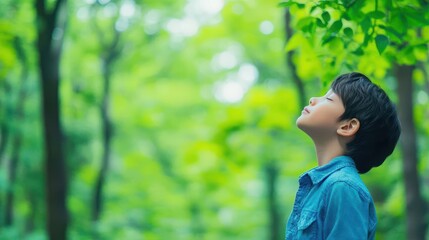 A serene person breathing deeply in a forest, rejuvenating tone, backlit scene