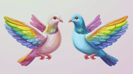 Obraz premium Pastel Rainbow Pigeons: A Whimsical Digital Painting of Two Colorful Birds in Flight