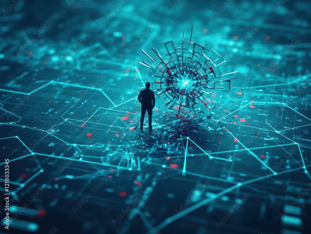 Poster A solitary man stands before an intricate web of blue and red lines symbolizing connectivity and technology in a modern abstract environment