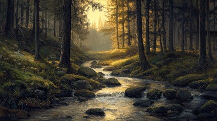 Fototapeta premium Sunlit stream flows through mossy forest.