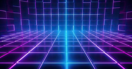 A vibrant, neon grid background with a futuristic aesthetic.