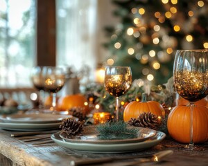 Elegant Autumn Dinner Table Setting with Cozy Decorations Featuring Pumpkins, Elegant Glassware, and Warm Lights Creating an Inviting Atmosphere for Festive Gatherings