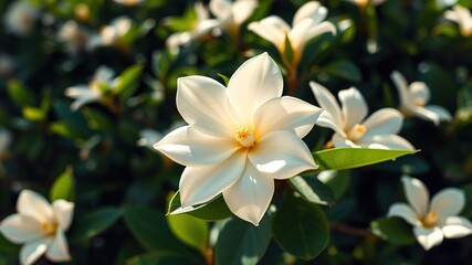 Fototapeta premium Blooming Cape Jasmine: White Gardenia Flowers - Stunning Evergreen Beauty