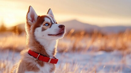 A serene snowy landscape featuring a husky puppy gazing upward with a warm sunset in the background.