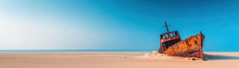 Weathered Shipwreck on Sandy Beach Surrounded by Gentle Waves and Soft Sand Evokes Nostalgia for Maritime Adventures and the Passage of Time